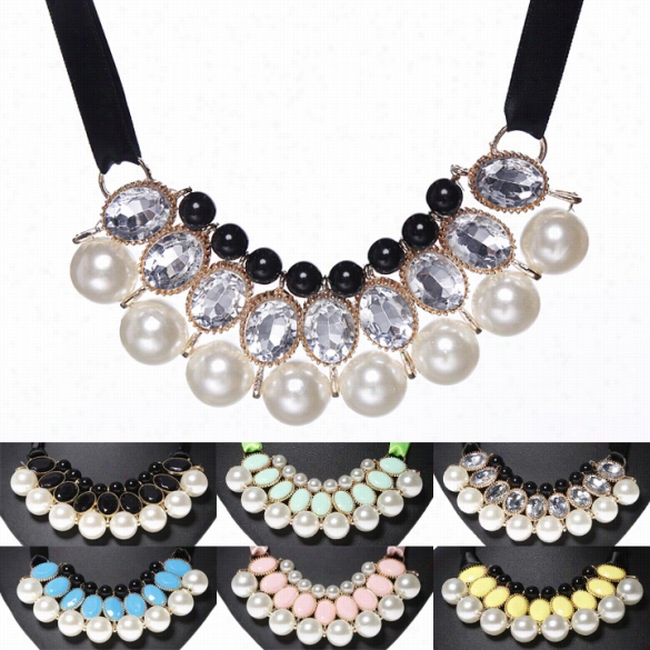 6 Olors Fshion Elegant Pearls Candy Color Chhoker Pendant Chainnecklace Women Choker Necklace