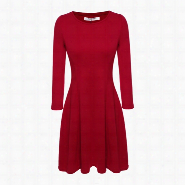 Angvns Stylish Women Casual Round Neck 3"4 Sleeve Slim Fitted Wealthy Color Dress