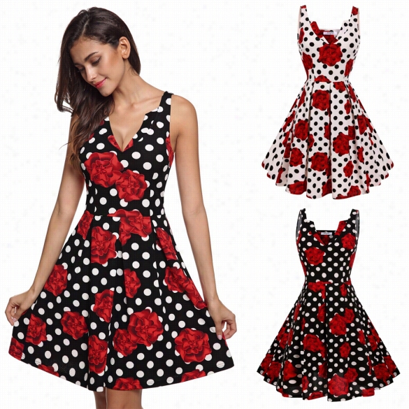 Angvns Women Fashion V Neck Sleefeelss High Waist Backlesss Polka Dot Floral Pleated Dress