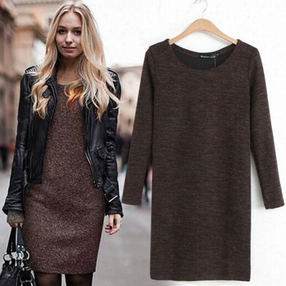 Autumn"winter Women Round Coll Ar Long  Sleeves Sexy Dress Mini Dress Coffee