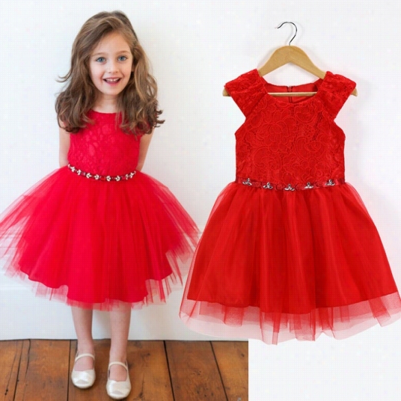 Baby Girl Kids Children's Wea R Short Sleeve Zipper Lace Fancy Dress  Red