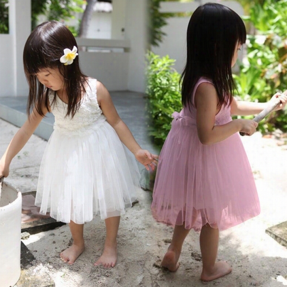 Baby Girls Lovely Ysleeveless Net Yarn Splicing Bal L Gown Floral Princess Dress