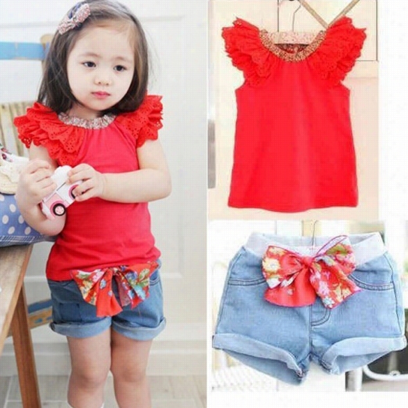 Baby  Kids Children Girl's Pants Set Cap Sleeve Tops And Short Pants