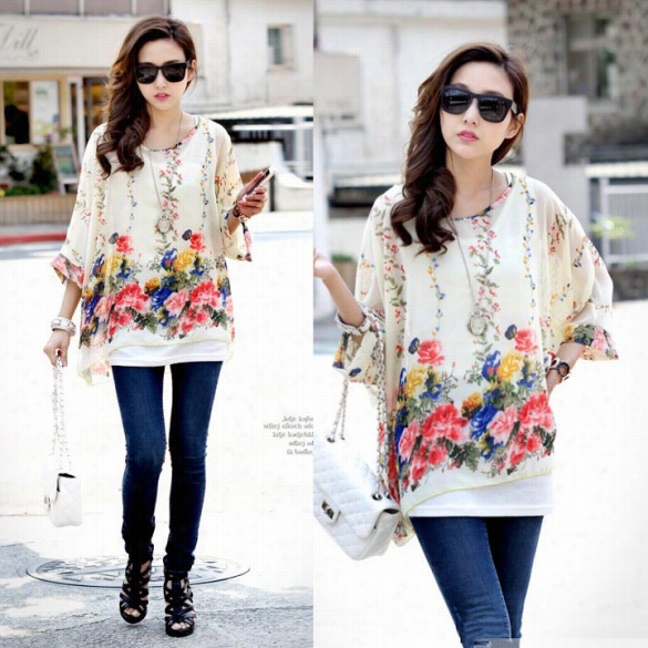 Best Sale New Stylish Lady Women's Chiffon Casual Versized Blouse Batwing Sleeve Tops Bohemian Blouse