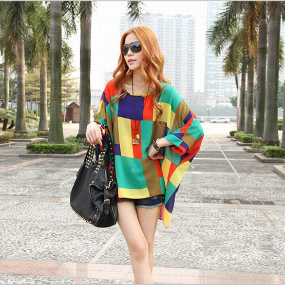 Bohemian Style Wom En Voersized Dolman Sleeve Colorful Chiffon Shirt Tops Blouse