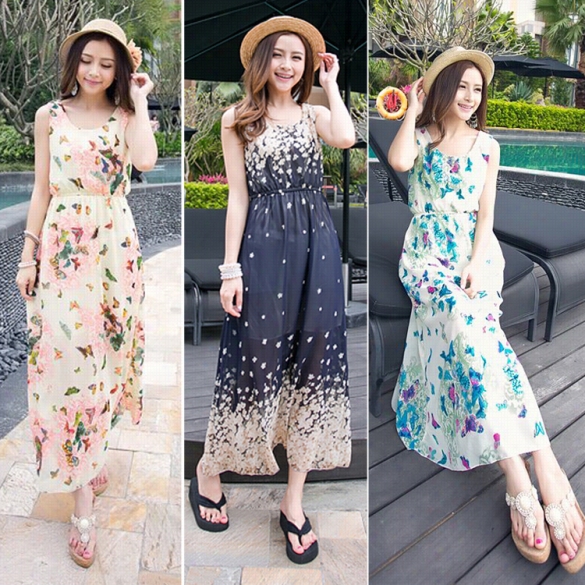 Bohemian Style Women's Fashion Casual Sleeveless High Elastic Wai5t Print Chiffon Beach Maxi Long Dress