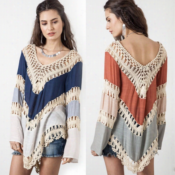 Caual Looose Womej V-neck Long Soeeve Knit Splice Hollow Ou Tirregular Hem Blouse Tops