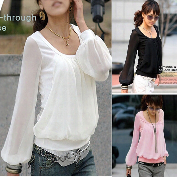 Chiffon Lo Ng-sleveed Puff Sleeve Round Neck Fake Two-piece T-shirt