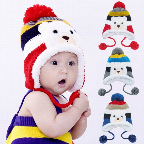 Colorful Stri Pe Pattern Cartoon Besrdesign Thicken Crochet Kids Winter Caps