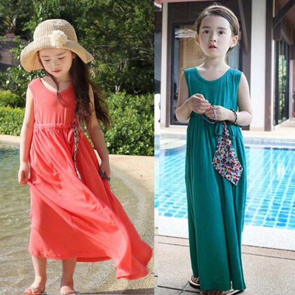 Cute Kids Girls Children's Wear Sleeveless Beach Long Dress Hold Sundress 3-11years