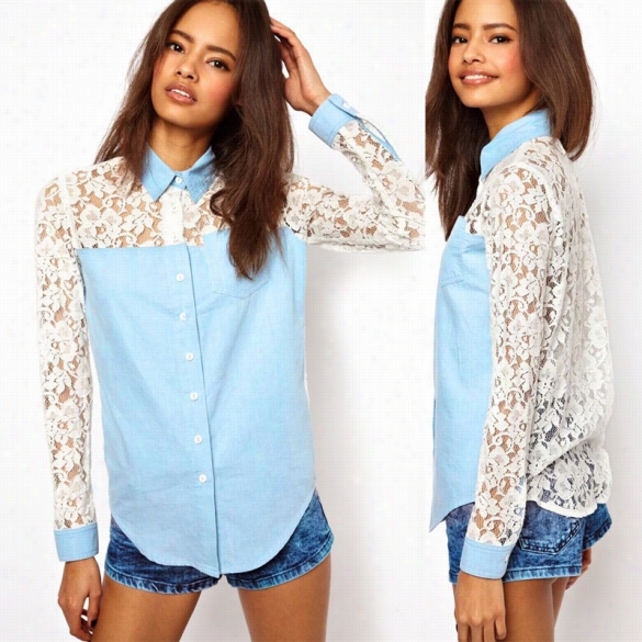 Elegant Women Lapel Long Ssleee Denim Splice Lace Blouse T-shirts Tops