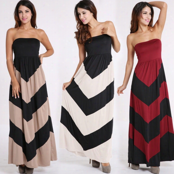 Elegant Womens Ladies Long Sleeveless Slim Bodycon Striped Casual Maxi Dess