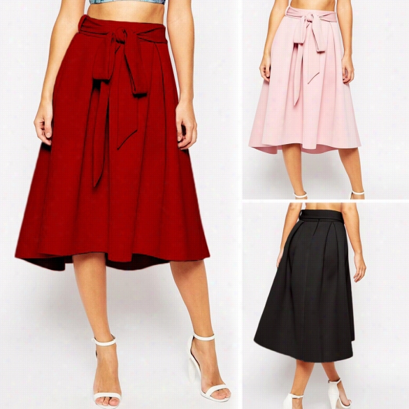 European Stylish Ladies E Legant Women Casual Party Mid Calf Length Solid A-line Big Hem Skirt With Et