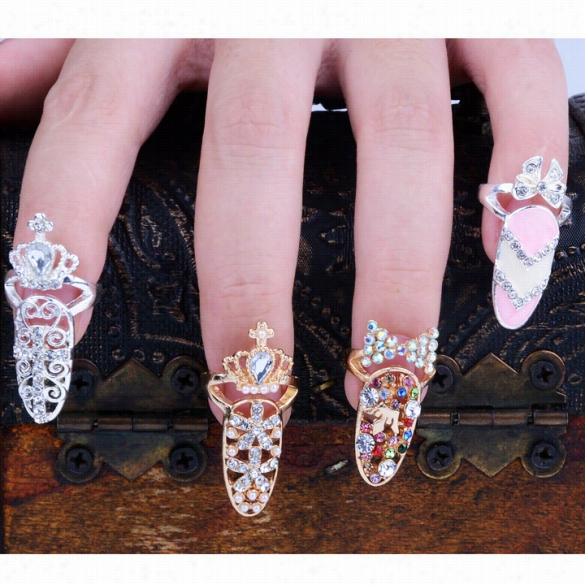 Fashion B Owknot Crystal Finger Nail Art Ring Jewelry Ffake Nail Art Finger Rings