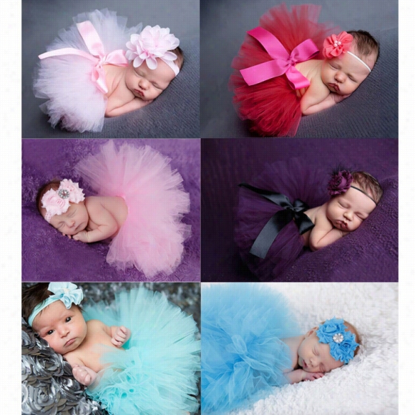 Fashion Infant Nweborn Baby Girs Flowre Headband Mesh Ball Gown Tutu Skirts Photography Accessory Prop