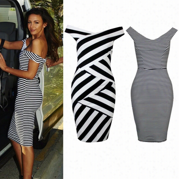 Fashion Ladies Women Sexy V-neck Sleeveless Striped Bodycon Packagehip Aprty Pencc Il Dress