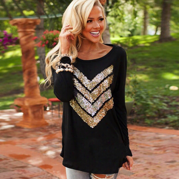 Fashion Stylis Ladies Women Casual Long Sleeve O Neck Sequin T-shirt Top Shirt Black