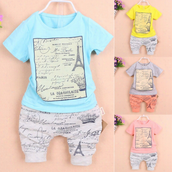 Fashion Summer Children Boys O-neck Short Sleeve Print T-shirt Tops Elastic Waits Pocket Baggy Shorts Tw O Piece Set