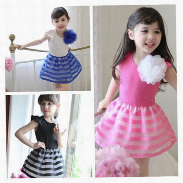 Fashion Summer Kids Girls Short Sleeve Hih Waist Dress O-neck Splice Stripe Ball Gown Dress