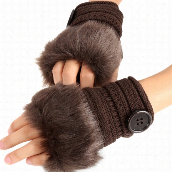 Fashion Winter Warm Women Button Faux Fur Knit Crochet Fingerless Gloves Wrost Hand Warmer