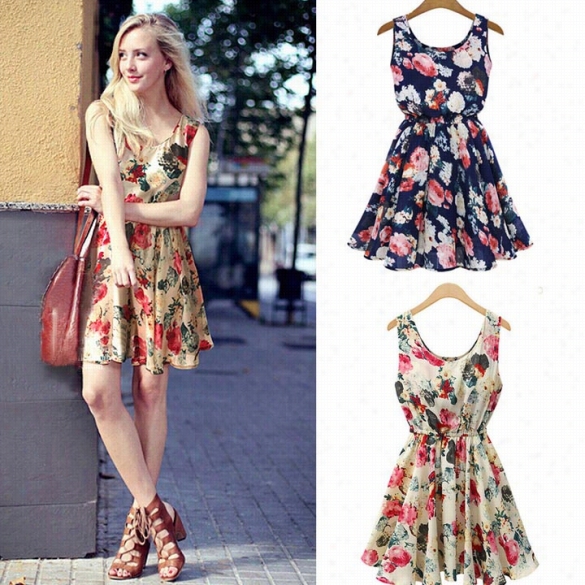 Fashion Women Casual Chiffon Sexy Sleeveless Round Neck Floras Print Dress23