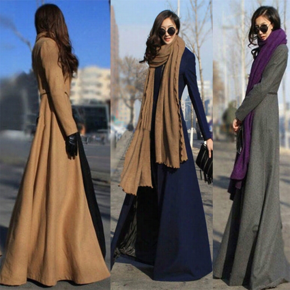 Fashion Women Cool Diction Full Length Wool Blend Winder Breaker Trench Coat