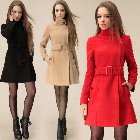 Fashion  Women Long Parka Wool  Trench Winter Outerwear Winter Zipper Overc Oat With Belts