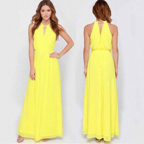 Fashion Wome N Metal Chain Collar Chiffon Maxi Dress Sleeveless High Waistt Party Dress