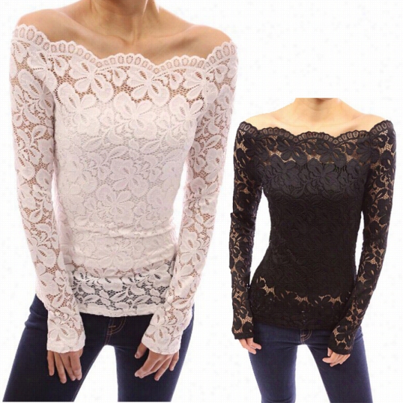 Fashion Women Off Shoulder Lace Crochet Blouse Slash Neck Hollow Out Slim Blousse Tops