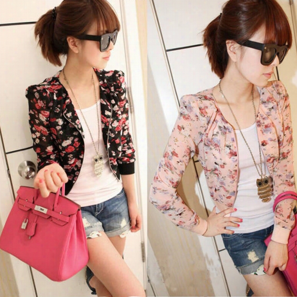 Fashion Women Sexy V-neck Shrrug Floral Coat Chiffon Front Zipper Casual Thin Cover  Jacket