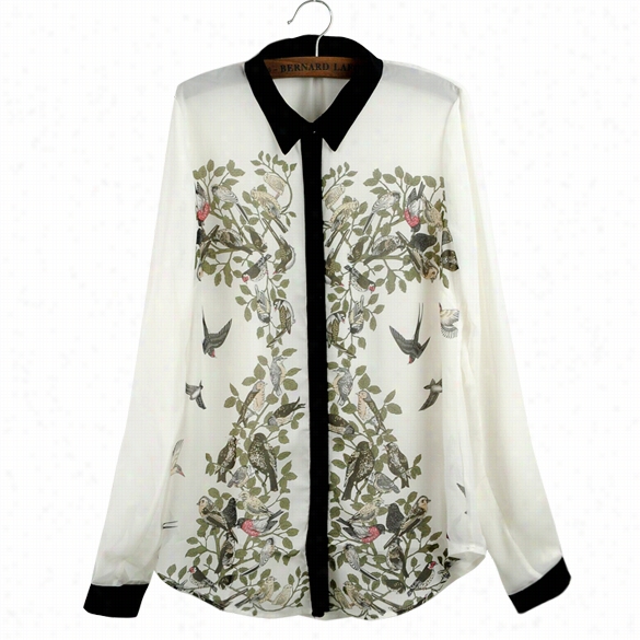 Fashion Women's Lapel Long Sleeve Contrast Color Leiothrix Pattern Flower Shirt Blouse