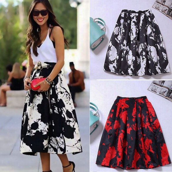 Fashion Woemn''s Retro Print Contrast Color Pleated High Waist Long Skirt