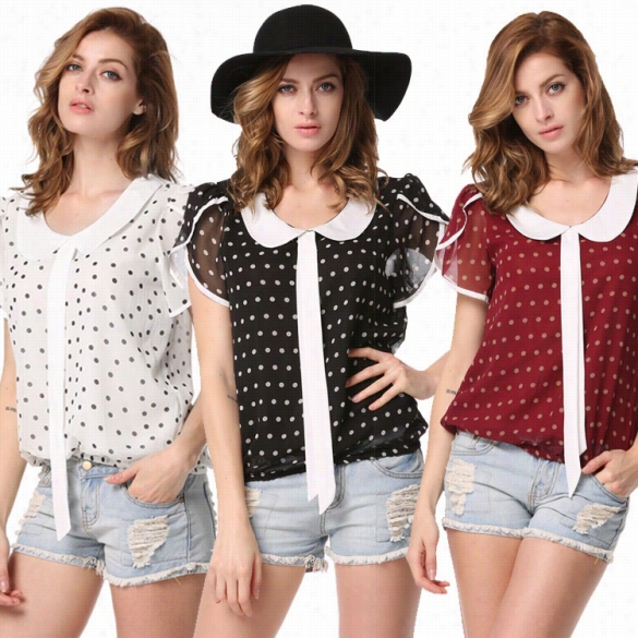 High Quality Hot Sttyle Lady Women Plus  Sizes Summer Casuall Chiffon Shirt Polka Dot Doll Collar Top