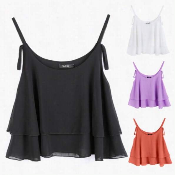 High Quality New Fashion Women's Sleeveless O-neck Spaghetti Strap Sexy Unbound Double Chiffon Blouse