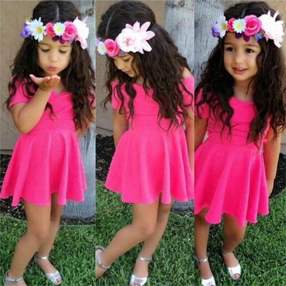 High Quality Novel Kids Girl's Wear Shot Sleeve O-neck Solid Cute A-line Dress