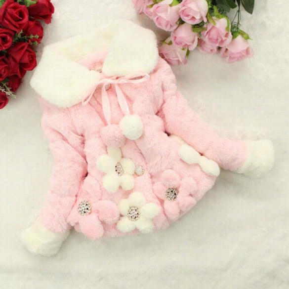 Hot Baby Children Girls Cute Winter Five Flowers Faux Fur Co Tton Jacket