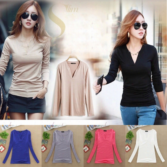 Hot Fashion Women Casual V-neck Roll Up Long Sleeve Shirt Blouse Tp