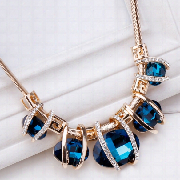 Hot Fashion Women Shiny Elegant Double Alloy Cnaain Ellipse Geometricb Lue Pendant Short Necklace