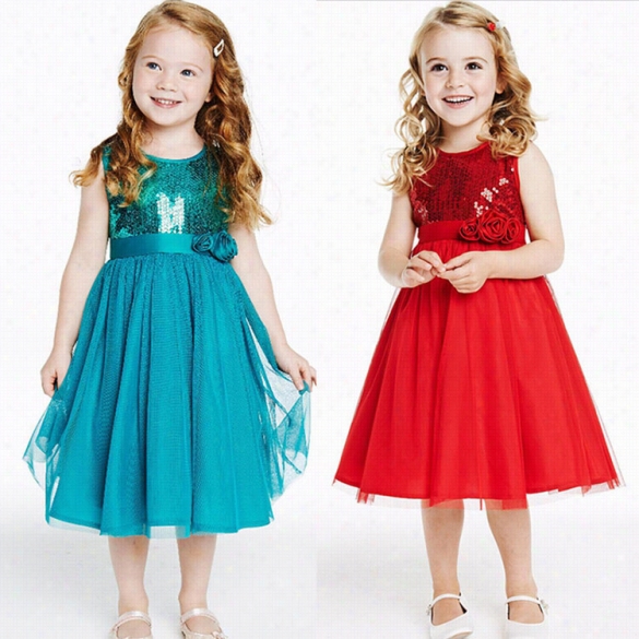 Hot Sale Cute Kids Girls Fashion O-nec K Sleeveless Net Yarn Patchwork Sequins Decoration Dress