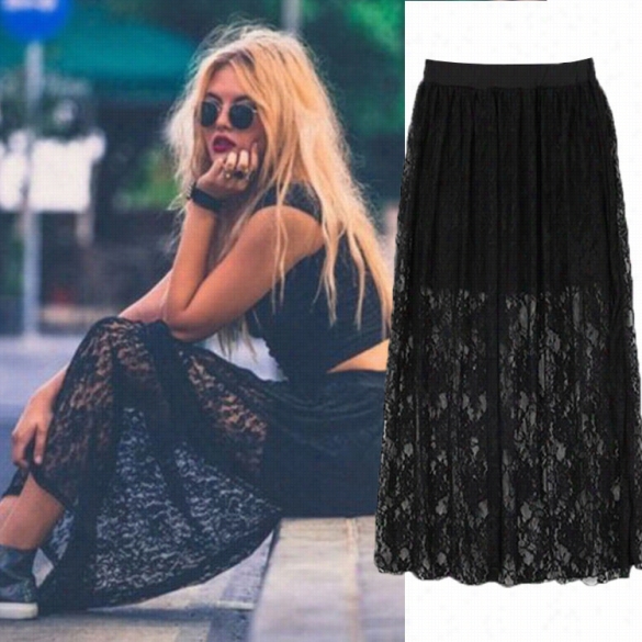 Hot Style Sexy Women Floral Hollow Out Lace Summer Sheer Long Skirt