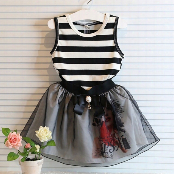 Hotsale Summer Kid Girls Stripe Cistern Tops Double Layer Uttu Skirt Two Pieces Suit