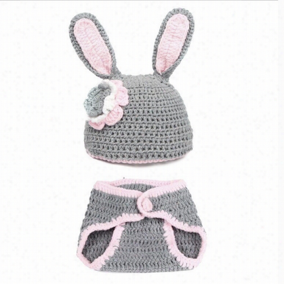 Infaj Baby Rabbit Pattern Wool Suit Headwear Cap Hat With Pants Gray