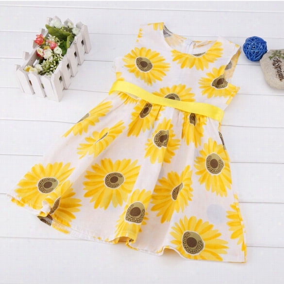 Kidz Children Girl's Wear Sleeveless Cuute Sunflower Printed Party Dress