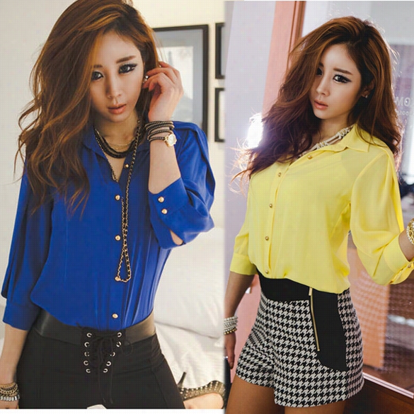 Korea 3"4 Sleeve Lapel Collar Button Down Chiffon Owmen's Shirt Tops Blouses