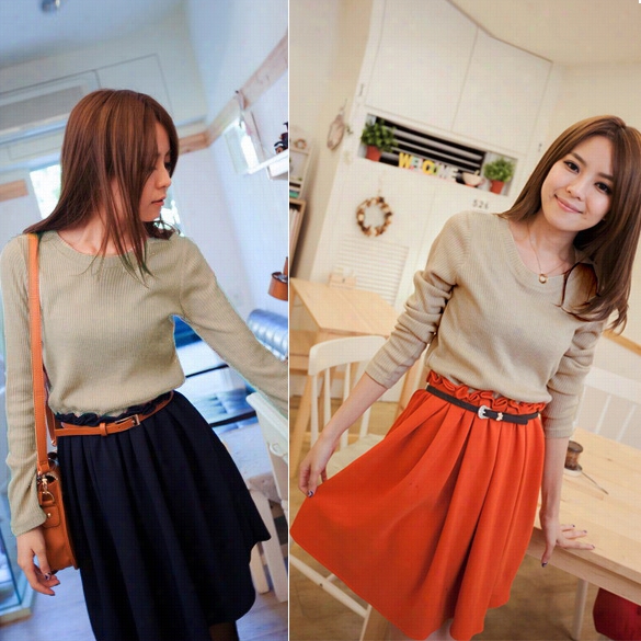 Korea Late Autumn Knitted Patching Style Long Sleeves Dress Mini Kirt With Waist Band