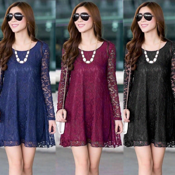 Korea New Fashion Women's A ~ Time Sleeve Floral Lace  Casual Mini Dress