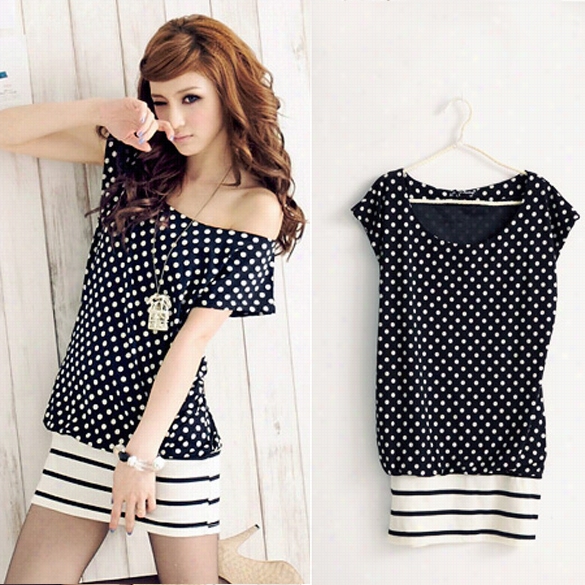 Korean Fashion Women's Summer Exaggerate Cotton Lovely Dot Hem Stripe Mini Dess