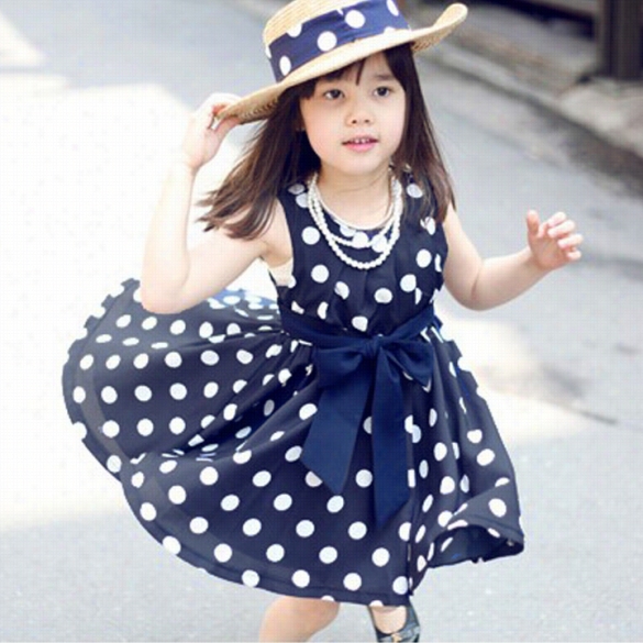 Korean Igrl Kids Children's Casual Sleeveless O-neck Polka Dot Print Bow-knot Dress