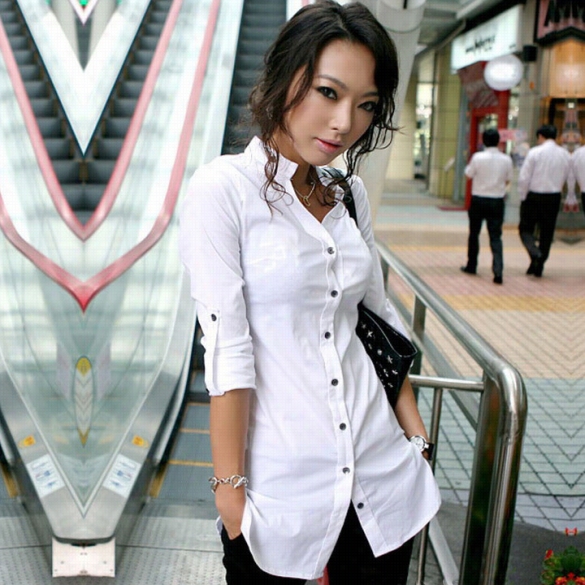 Korean Women Long Sleeve V-neck Slim Fit Long Shirt Topss Blouse White