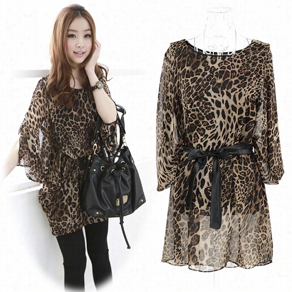 Korean  Women's Ladies Loose Leopard Print Chiffon 1"2 Btwing Sleeve Dress